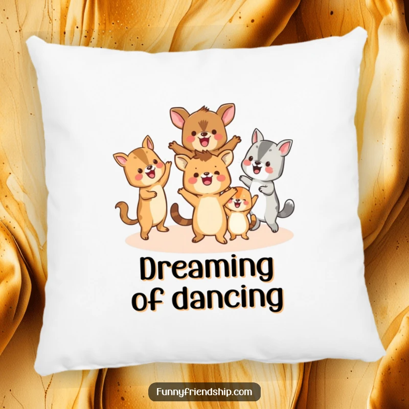 Funny pillow featuring happy animals in a circle dance, offering comfort and a playful dose of humorous celebration.