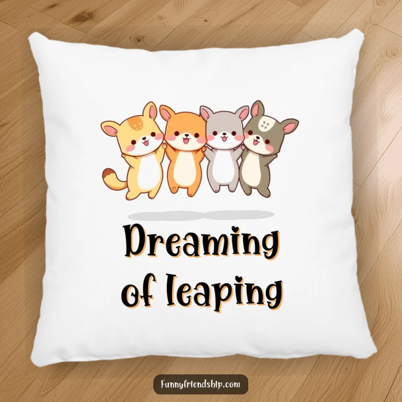Funny Animal Friends Jumping Pillow: Animals holding hands and jumping, soft and cuddly, symbol of friendship, a funny gift.