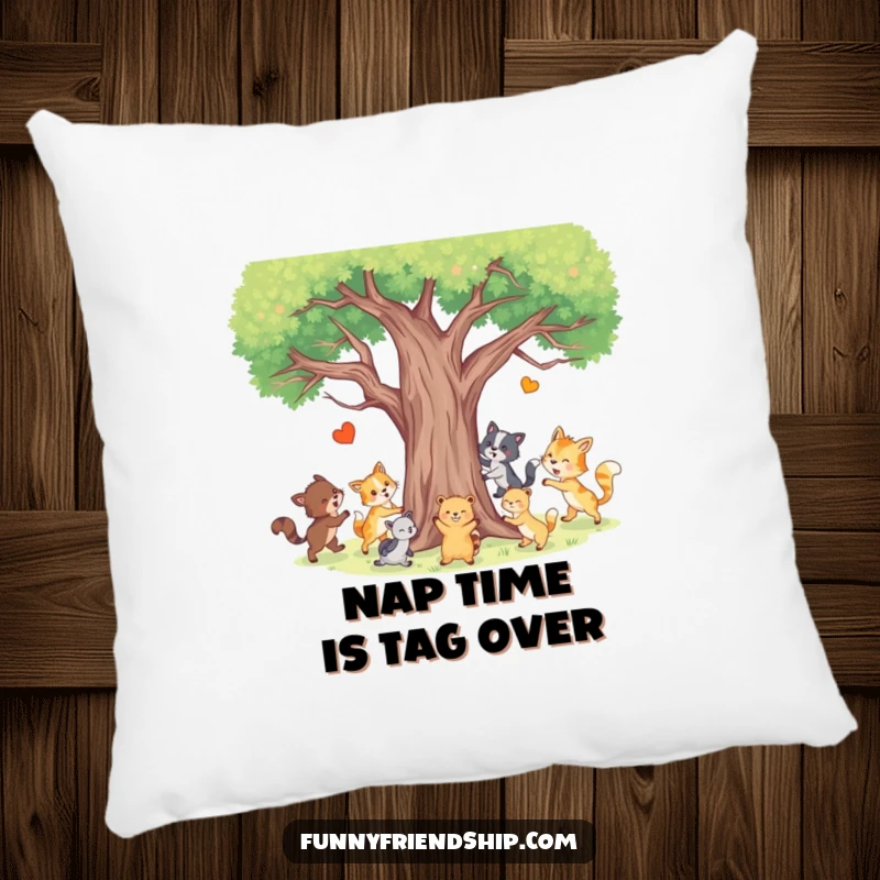 Funny Animal Tag Pillow showing happy animals playing tag around a tree, offering a soft and comical addition to any room.