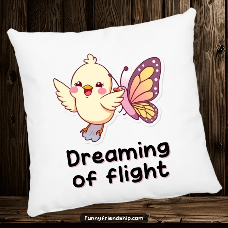 Funny pillow featuring a bird and butterfly flying together, perfect for decoration and comfort.