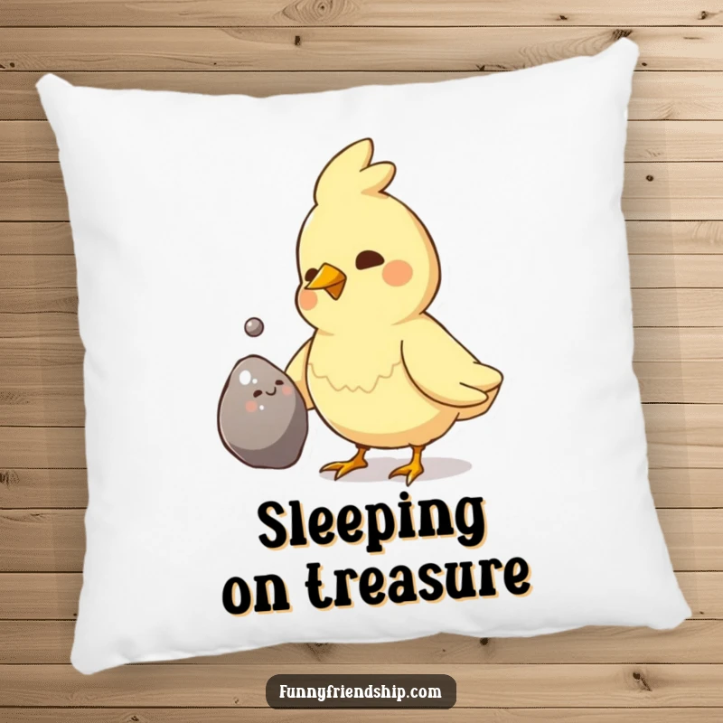 Funny Bird Pebble Gift Pillow: Bird presents shiny pebble, soft and cuddly, symbol of affection, a funny gift.