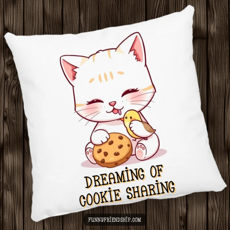 Funny Cat Bird Cookie Pillow showing a kind cat sharing a cookie with a tiny bird, offering a soft and heartwarming addition to any room.