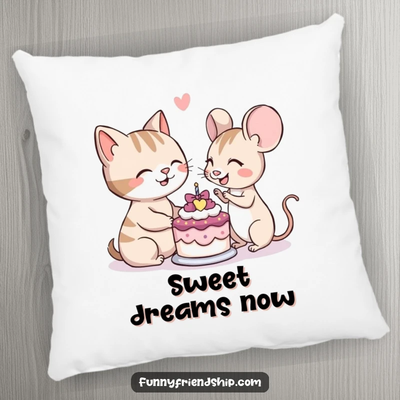 Funny pillow featuring a cat and mouse character smiling while sharing a small cake, perfect for adding cute decor.