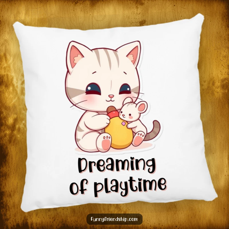 Funny pillow: a cat character shares a toy with a small mouse, a soft and humorous pillow celebrating unlikely friendships.