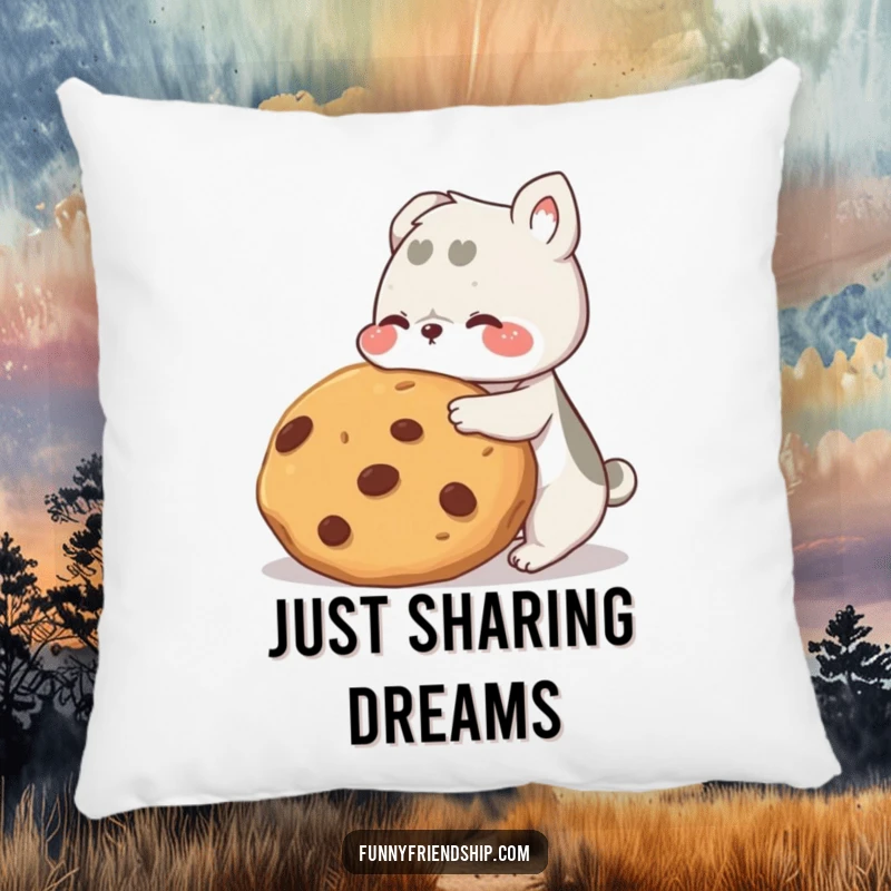 Funny animal friends pillow, soft cushion with two characters sharing a giant cookie, emphasizing comfort, friendship, and humor.