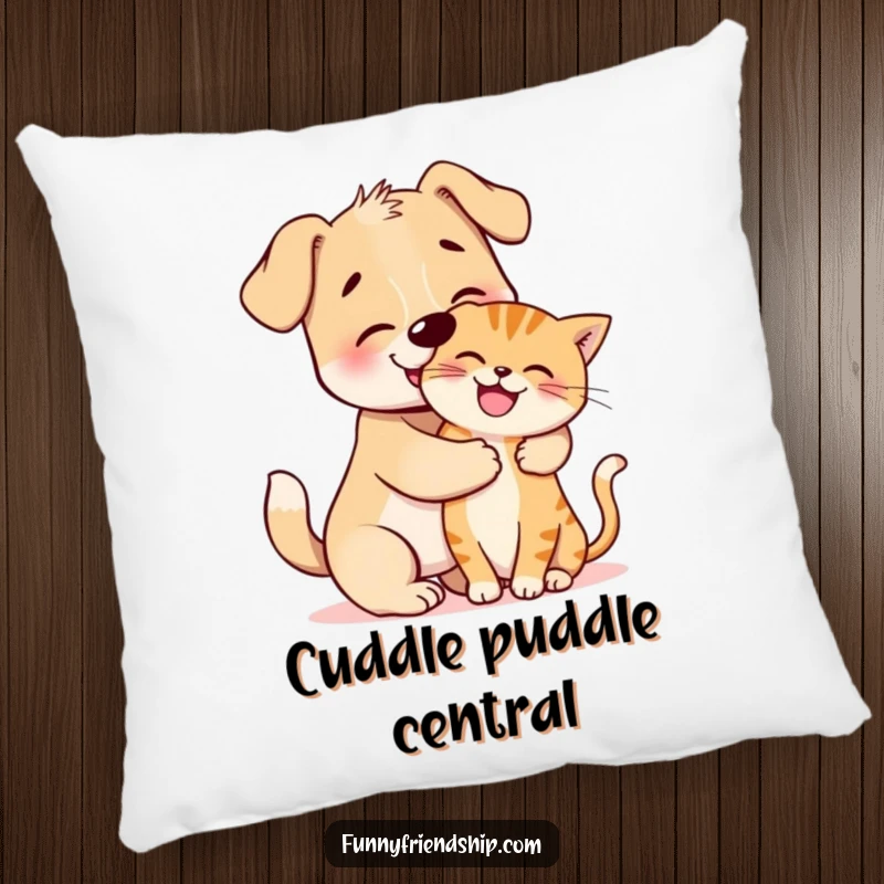 Funny Pillow: Soft cushion featuring a dog character playfully hugging a happy cat, emphasizing animal affection.