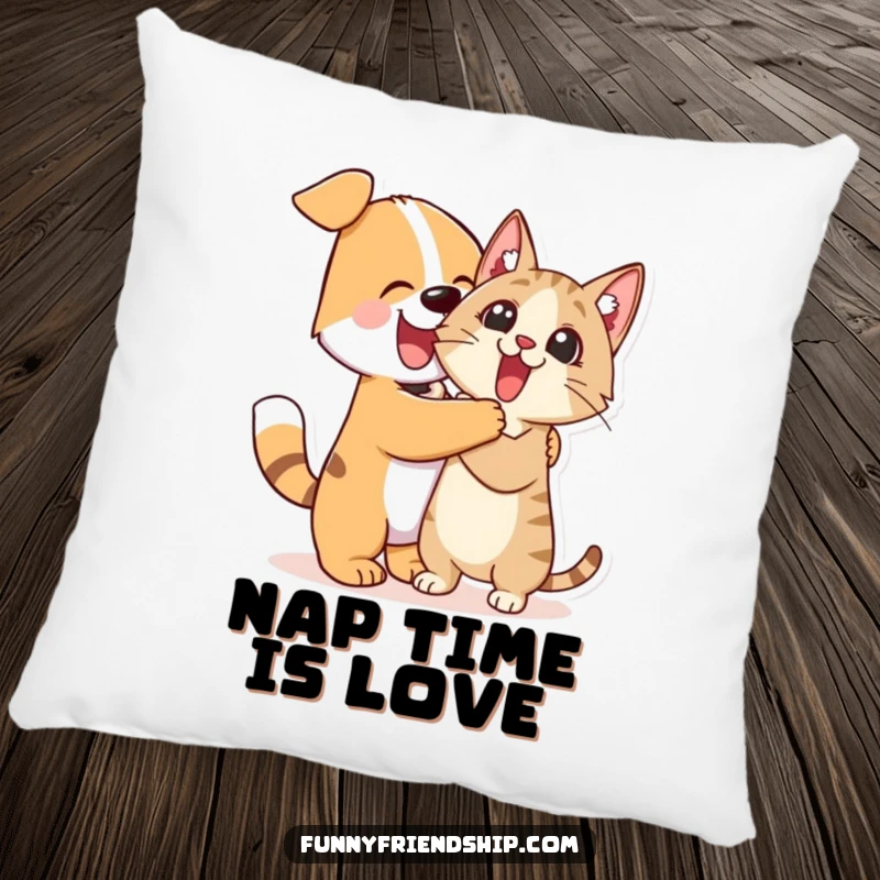 Funny Pillow: Enthusiastic dog character hugging a surprised cat character, a soft and humorous accent for any room.