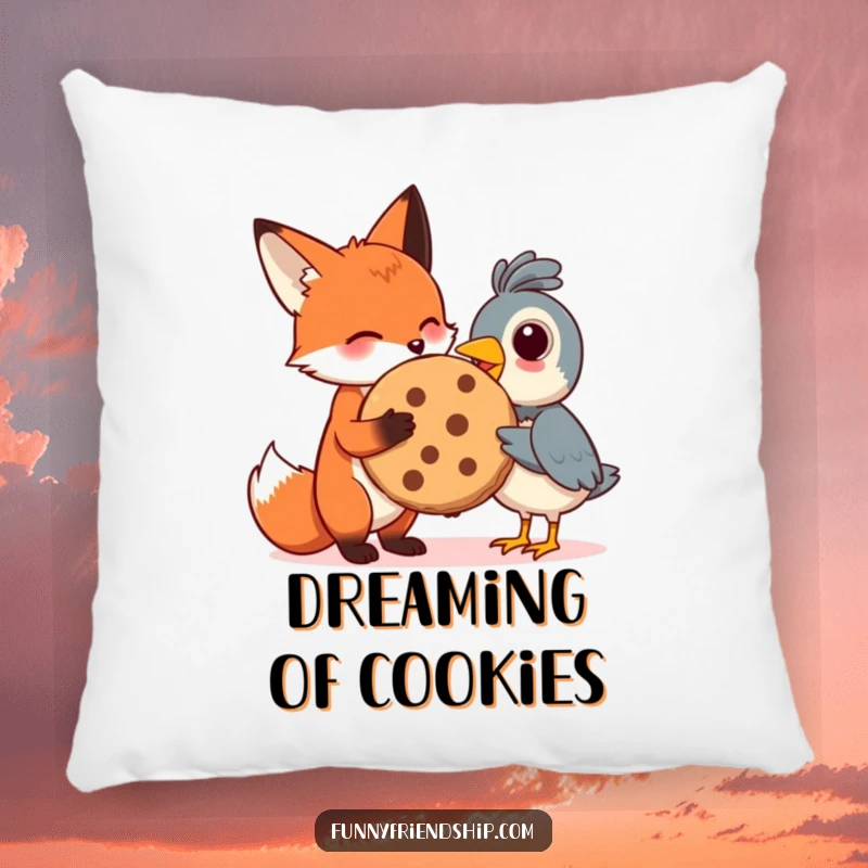 Funny pillow featuring a fox sharing a cookie with a bird, offering comfort and a heartwarming dose of humorous friendship.