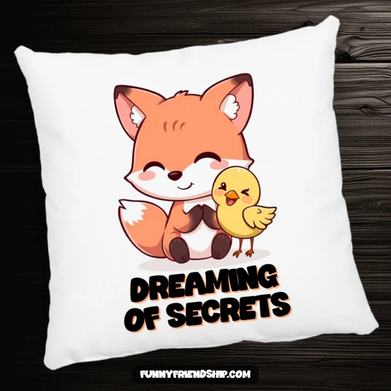 Funny fox character whispering a secret to a giggling bird, designed on a soft, decorative pillow. A hilarious funny gift.