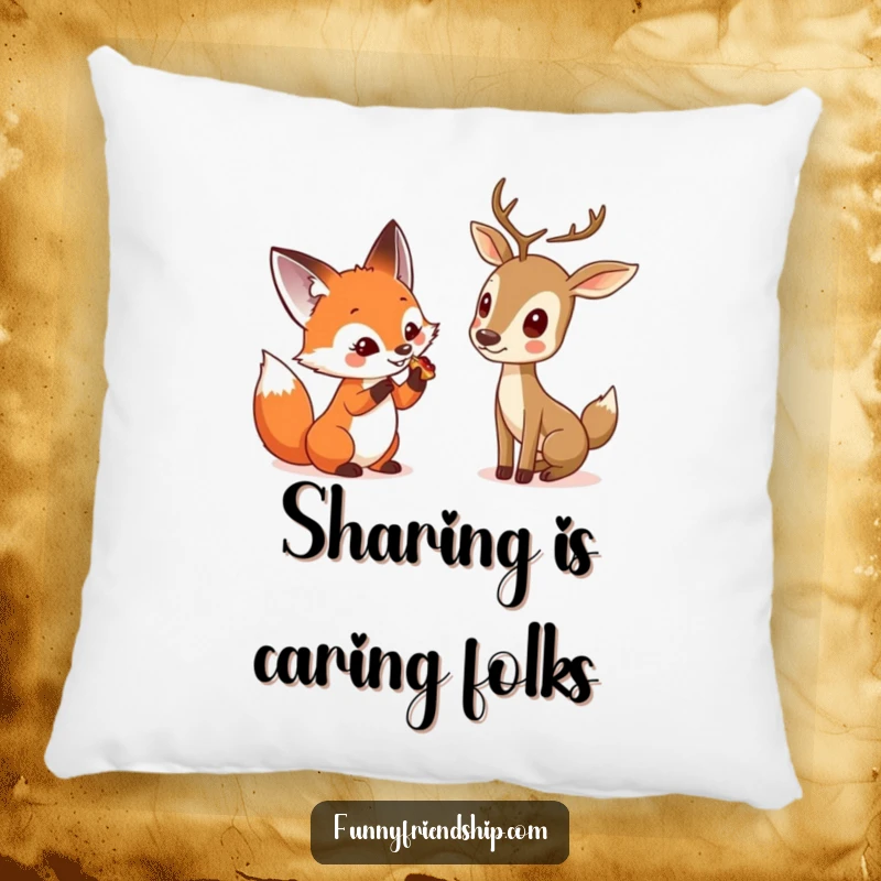 Funny pillow with a curious fox sharing a treat with a shy deer, providing comfort and a touch of adorable woodland friendship to any room.
