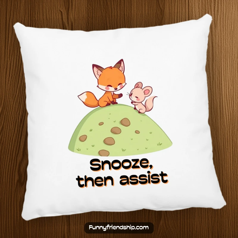 Funny fox helping a mouse climb a hill on a soft pillow, designed for comfort and embodying supportive friendship humor.