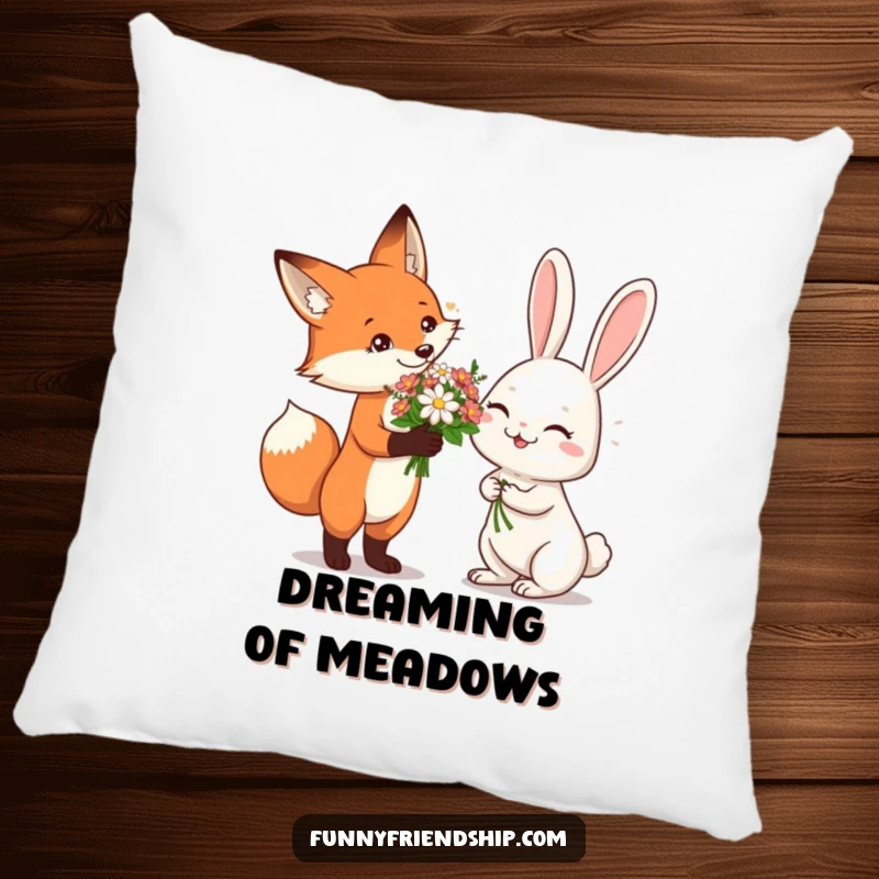 Funny Pillow depicting a fox giving flowers to a giggling rabbit, perfect for adding soft, humorous decor to sofas or beds.