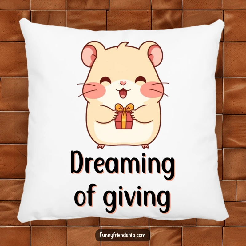 Funny hamster pillow featuring a happy hamster giving a tiny present, offering comfort and humorous friendship vibes.