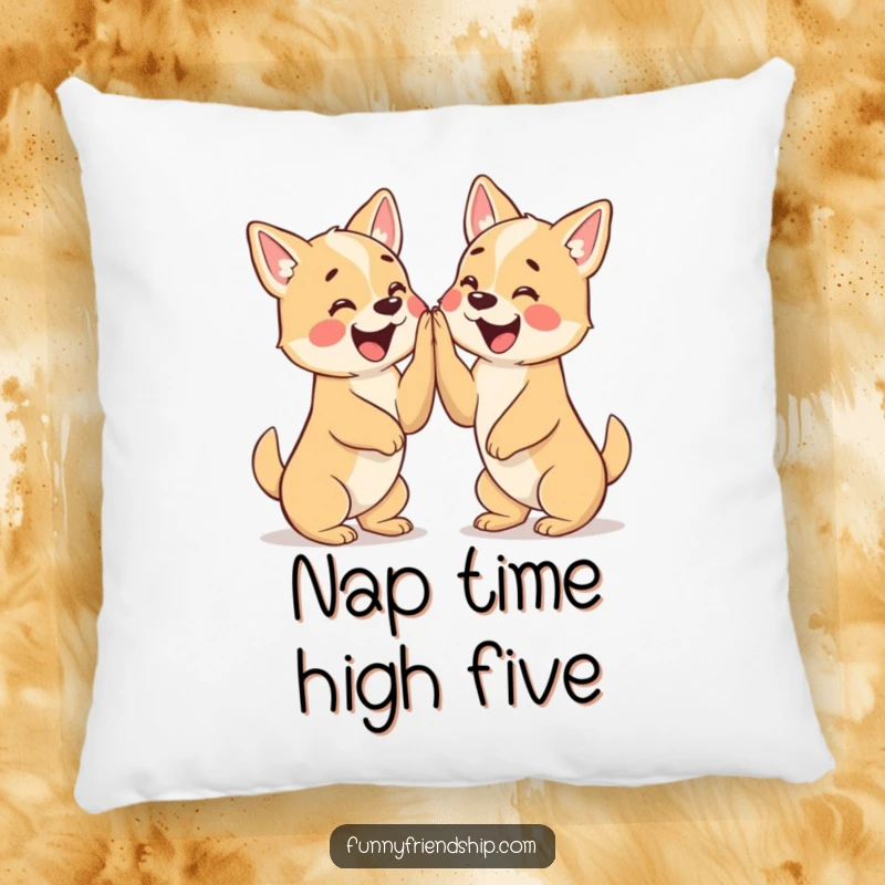 Funny pillow featuring two happy dog characters giving each other a high five, perfect for adding cute decor.