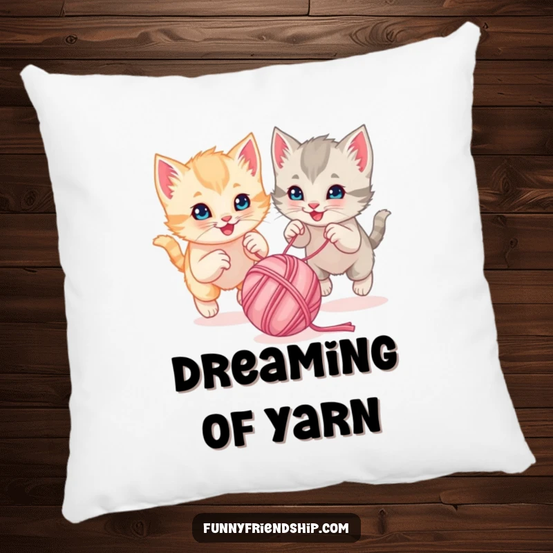 Funny playful kittens chasing a bouncing ball of yarn together on a soft plush pillow, a cute and cuddly cartoon item
