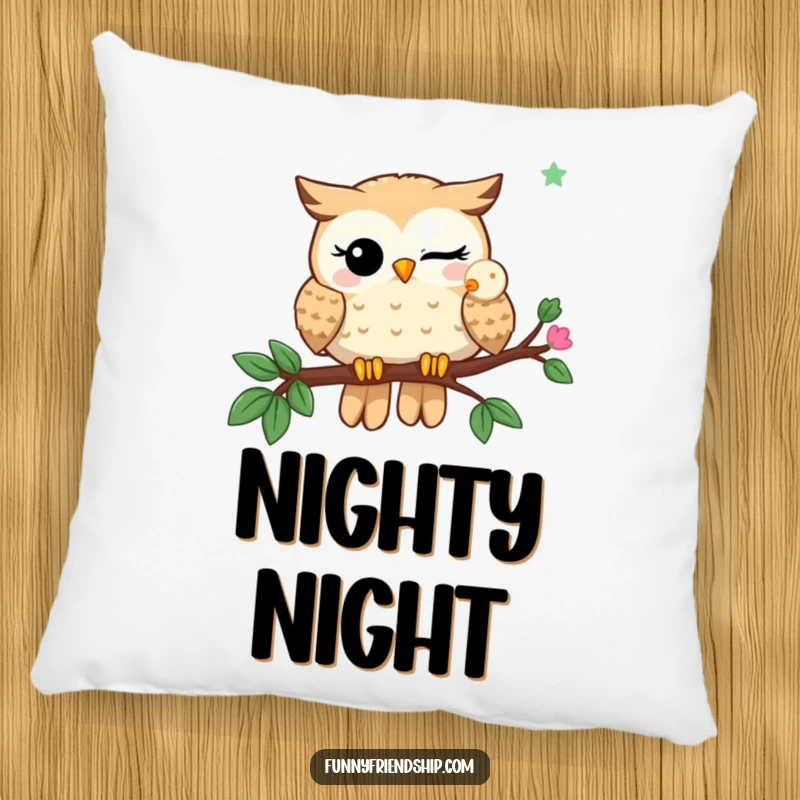 Funny Pillow: A winking owl shares a branch with another owl, offering soft, cozy, and humorous comfort.