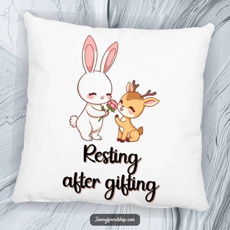Funny pillow with a rabbit offering a flower to a deer, providing comfort and a touch of heartwarming humor.