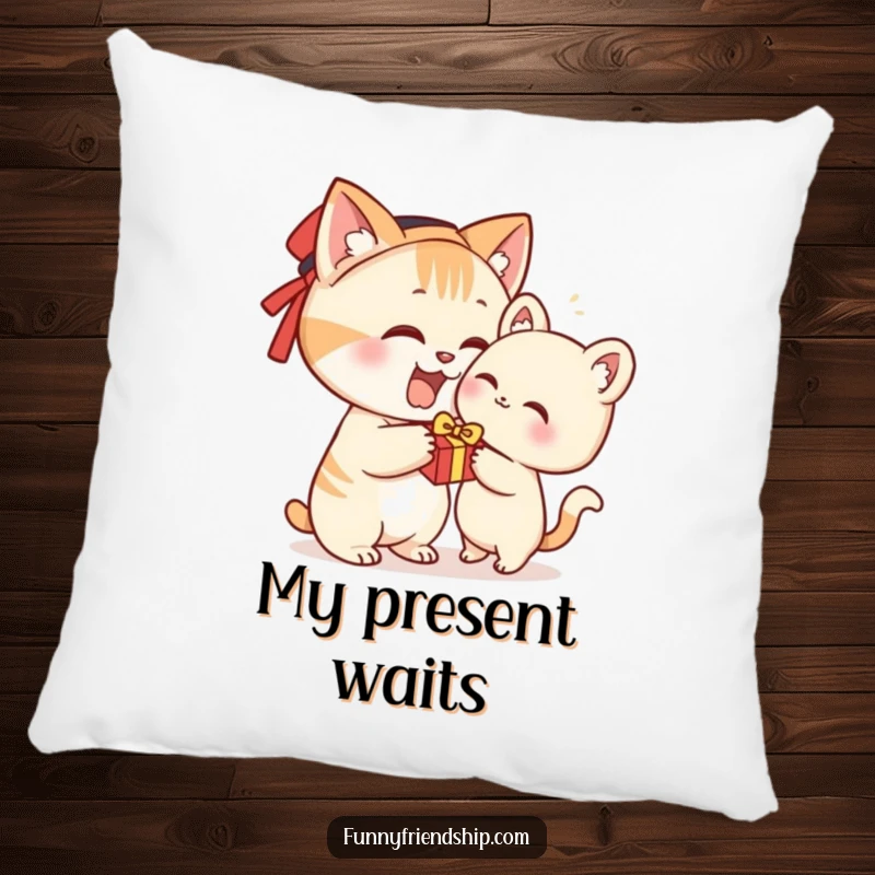 Funny pillow featuring a cat character enthusiastically giving a small gift, perfect for decoration and comfort.