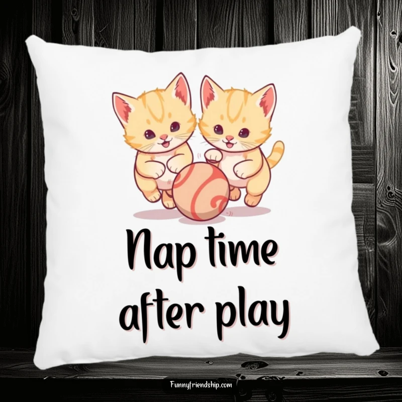 Funny pillow featuring two cute kittens intensely focused on chasing a bouncing ball, adding a touch of playful comfort and feline charm.