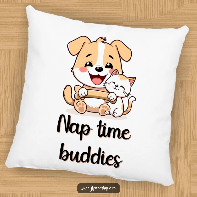 Funny Dog and Cat Bone Sharing Pillow: Cheerful dog and cat sharing a bone, soft and plush, adding humor to decor, a funny gift.