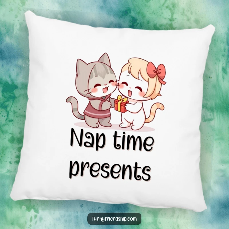Funny pillow with a cat enthusiastically offering a small gift, offering cozy feline charm and sweetness.
