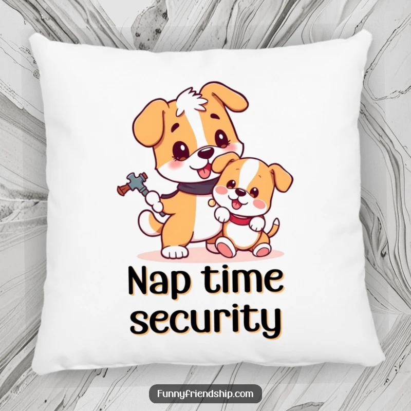 Funny dog pillow illustrating a devoted dog protecting a tiny, spirited puppy, offering comfort and humor.