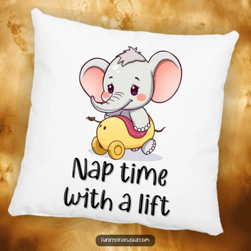 Funny Pillow: Soft cushion featuring a playful elephant offering a ride on its trunk, perfect for adding comfort and fun.