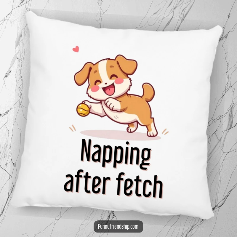 Funny dog character pillow with a playful dog fetching a ball alongside a happy, cheering companion, offering comfort.