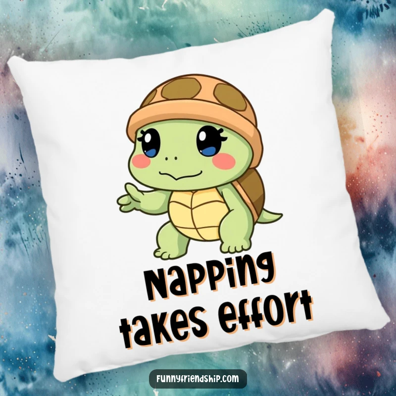 Funny pillow designed with a determined turtle slowly offering a helping hand, providing comfort and a message of kind support.