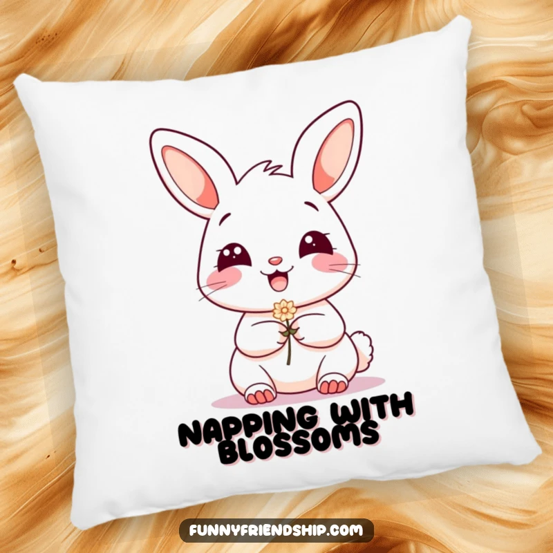 Funny Pillow: Soft cushion featuring a grinning bunny character offering a small flower, perfect for adding comfort.