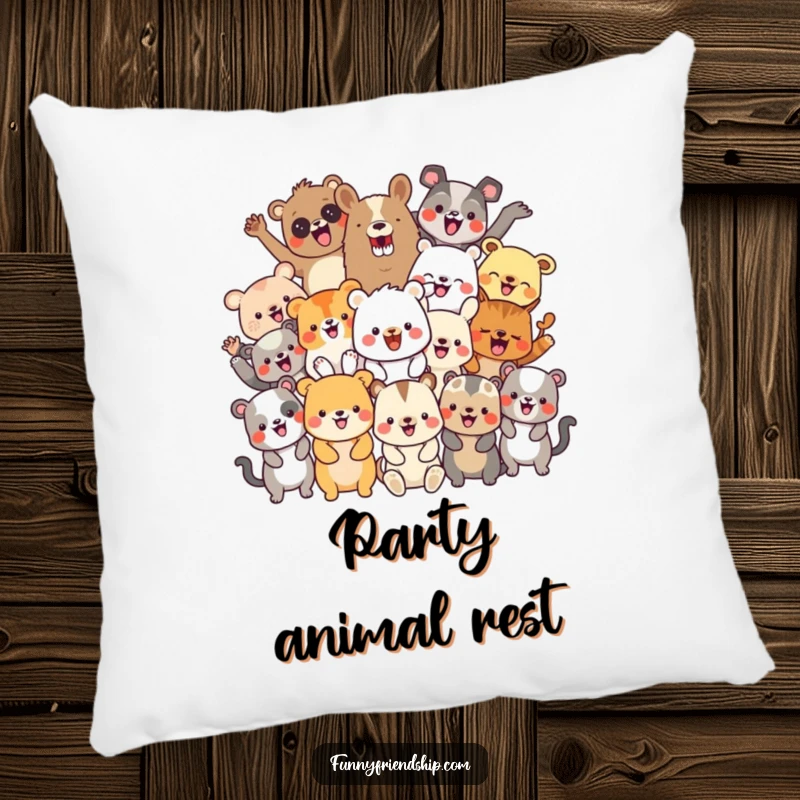 Funny pillow with a diverse group of cheerful animal characters celebrating, offering plush comfort and a festive ambiance.