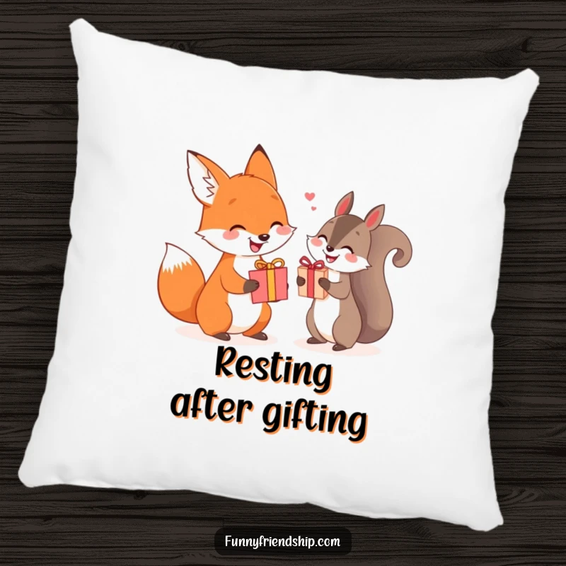 Funny fox and squirrel pillow exchanging gifts, a soft and heartwarming decorative cushion.
