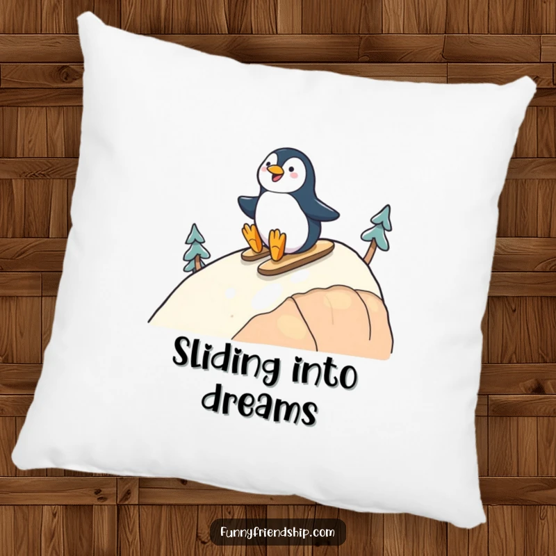 Funny pillow designed with cheerful penguins sliding down a hill together, offering comfort and a heartwarming friendship theme.