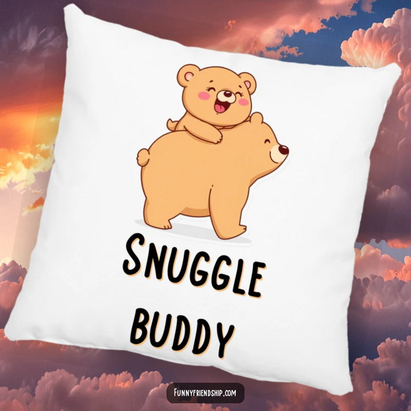 Funny Pillow: A small bear giggles riding piggyback on a larger bear, offering soft, cozy, and humorous comfort.