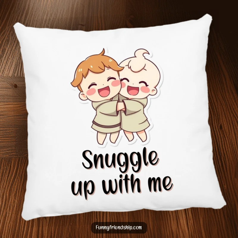 Funny plush pillow with smiling characters hugging, offering comfort and a symbol of love and happiness.