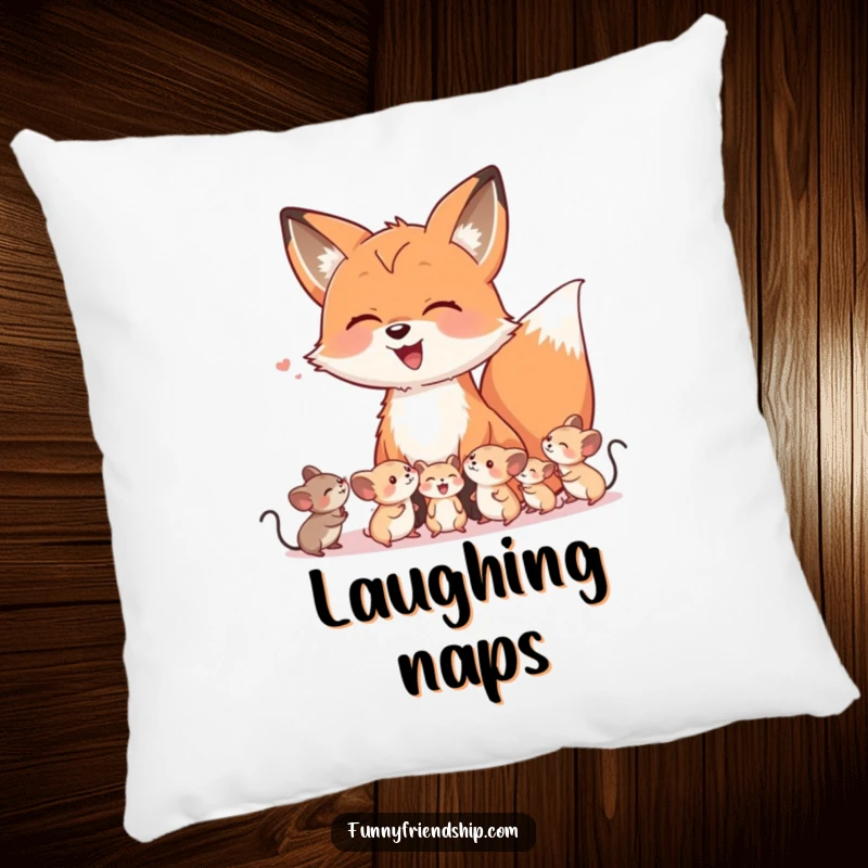 Funny pillow featuring a friendly fox character laughing heartily with several small, happy mice, perfect for adding comfort and charm.