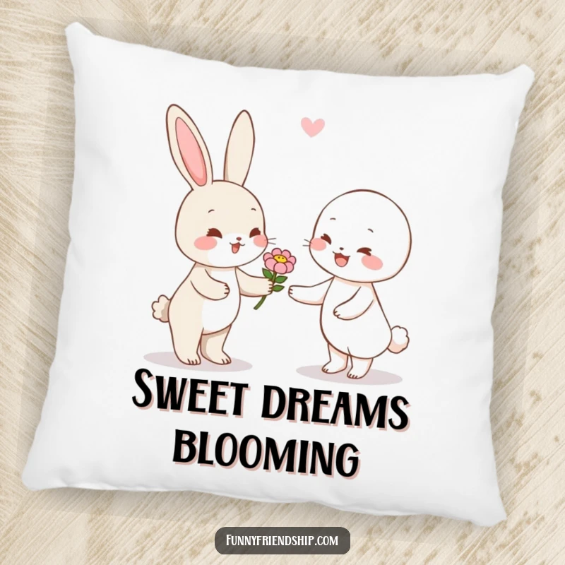 Funny rabbit character pillow with a cute bunny giving a flower to a happy companion, offering soft comfort.