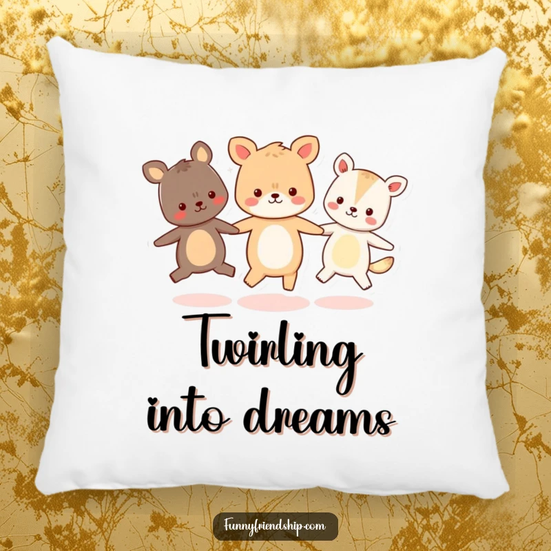 Funny pillow featuring three happy animal characters holding hands and skipping in a circle, perfect for adding cute decor.
