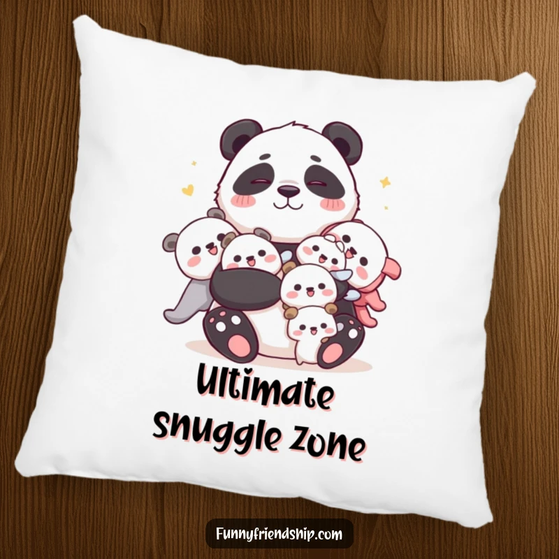 Funny panda pillow featuring a cuddly panda joyfully hugging smaller characters, offering comfort and humorous affection.