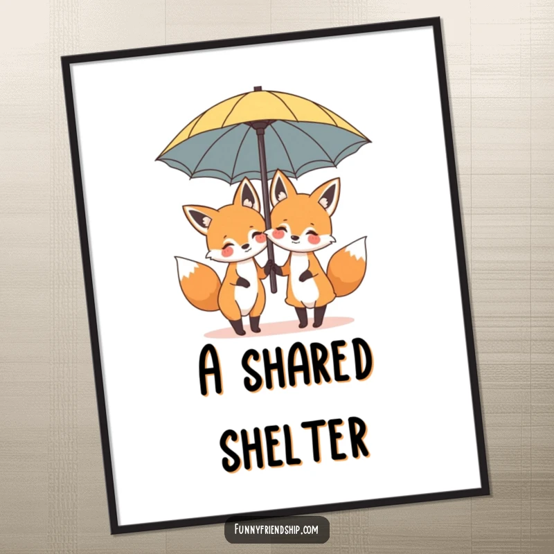 Funny digital art print of two happy cartoon foxes sharing a giant umbrella, ideal for instant humorous wall decor.