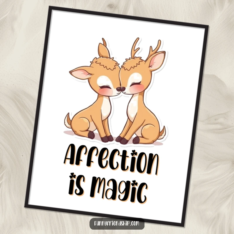 Adorable deer digital art print featuring two deer characters nuzzling affectionately, delivering instant romance and sweetness.