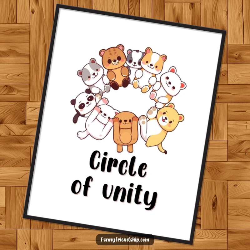 Funny digital art print of diverse animal characters linking paws in a circle, symbolizing friendship and unity, ready for framing.