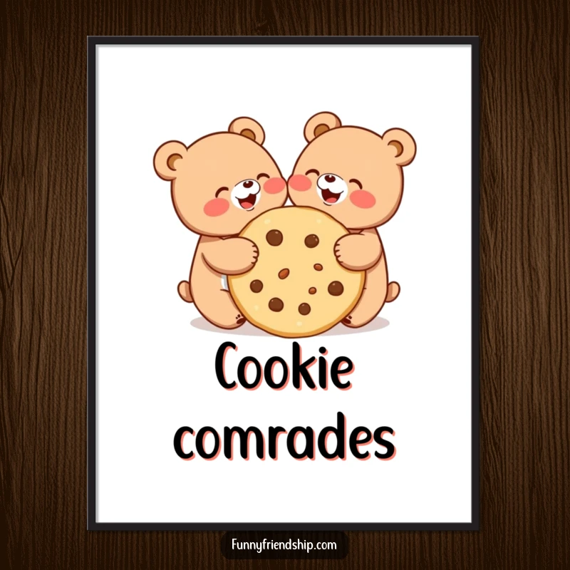 Funny digital art print of two cute bears joyfully sharing a huge cookie, perfect for adding heartwarming decor.