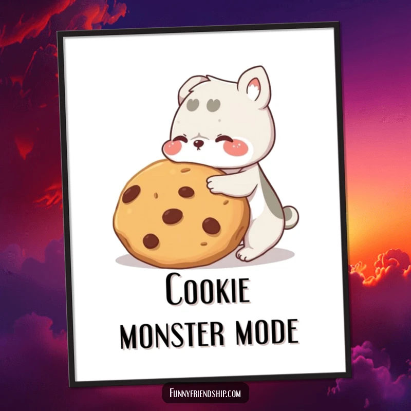 Funny animal friends digital art print, downloadable image of two characters sharing a giant cookie, ideal for humorous wall decor.