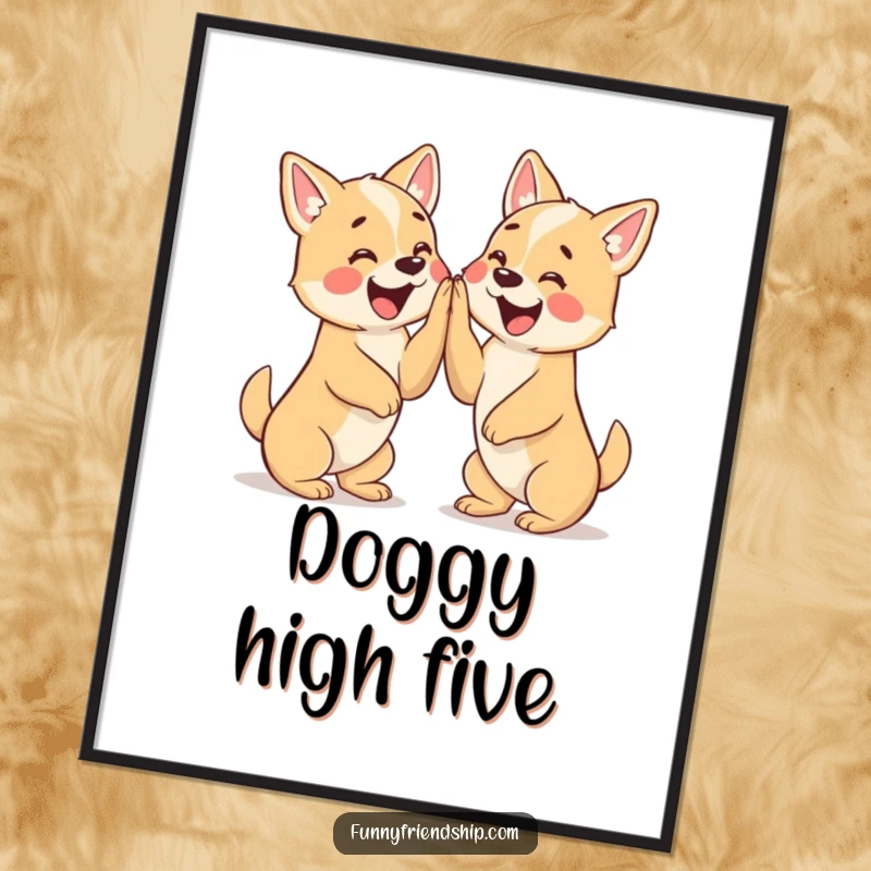 Funny digital art print of two happy dog characters excitedly giving each other a high five, symbolizing joy.