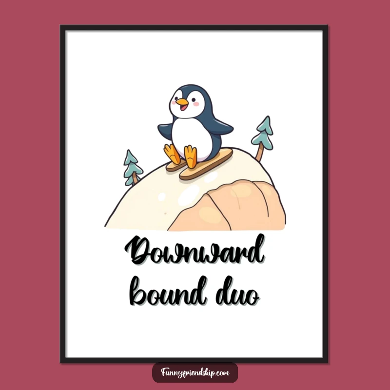 Funny Penguin Friends Digital Art Print: Cheerful Sliding Duo Decor, Perfect Funny Gift
