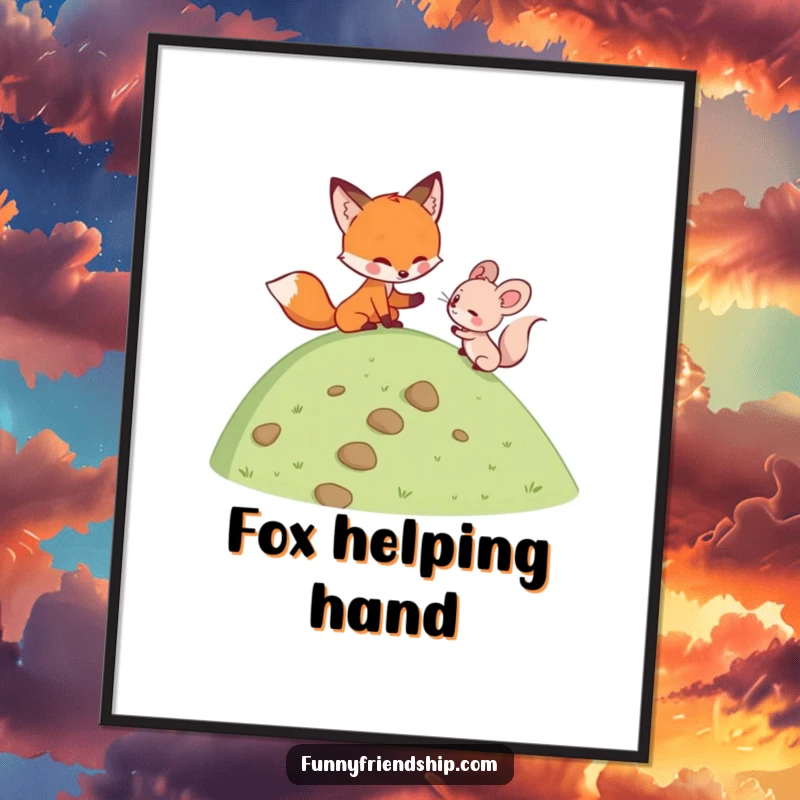Funny fox helping a mouse climb a hill, digital art print for instant download, symbolizing support and friendship humor.