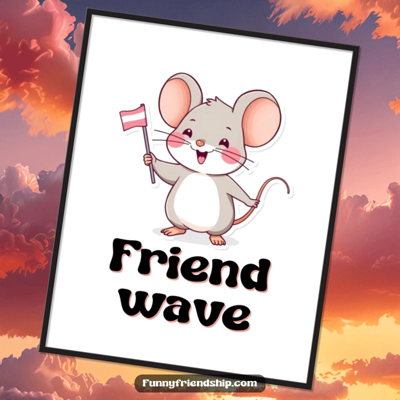 Funny digital art print of a cheerful mouse character enthusiastically waving a tiny friendship flag, creating a heartwarming scene for decor.