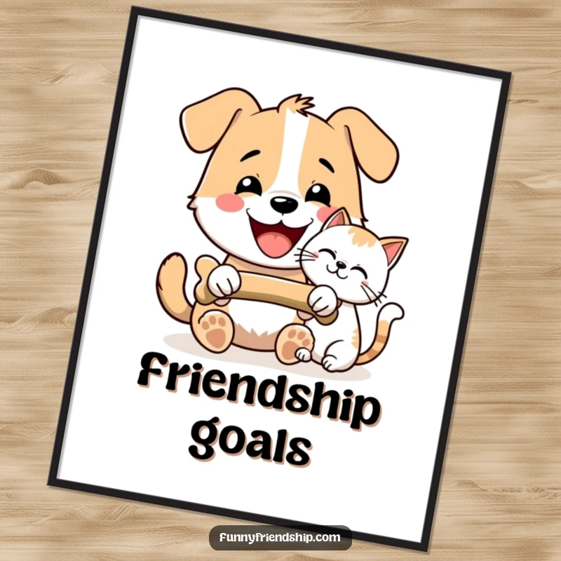 Funny Dog and Cat Bone Sharing Digital Art Print: Dog and cat sharing a bone, instant download, humorous pet illustration, a funny gift.