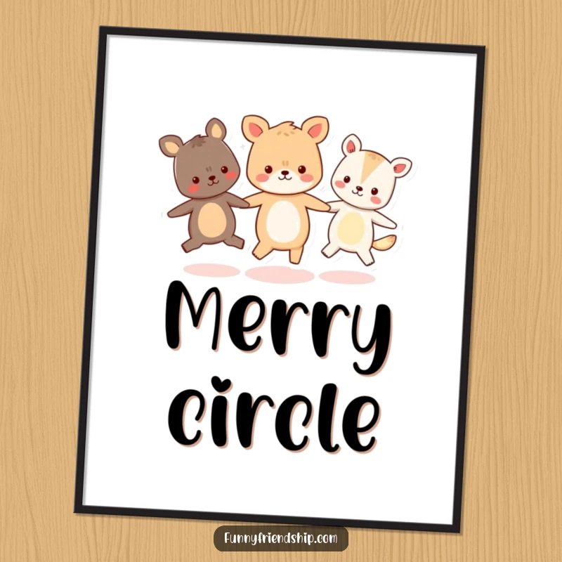 Funny digital art print of three cute animal characters holding hands and skipping in a joyful circle, symbolizing happiness.